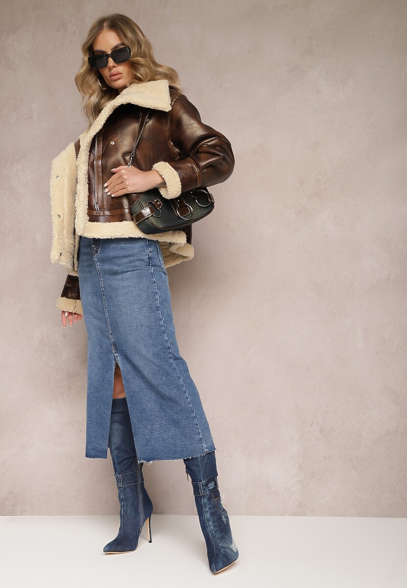 Niebieska Spódnica Maxi z Rozcięciem z Jeansu Vonuline