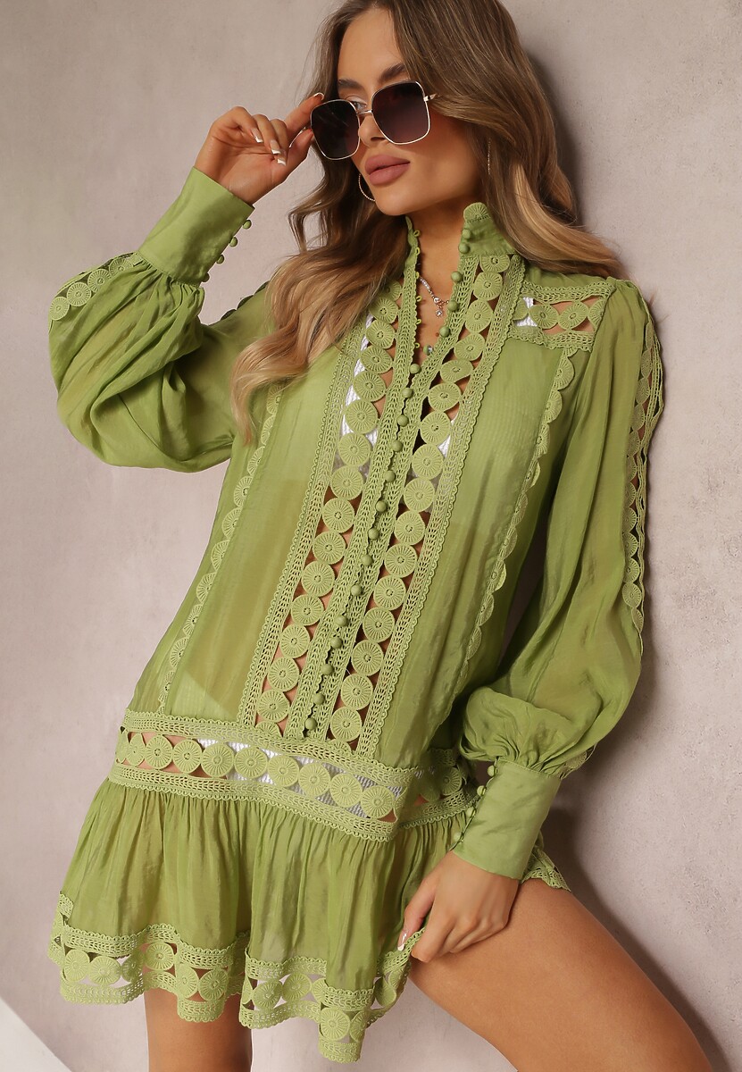 Zielona Koronkowa Tunika Pudełkowa z Falbaną Nawal