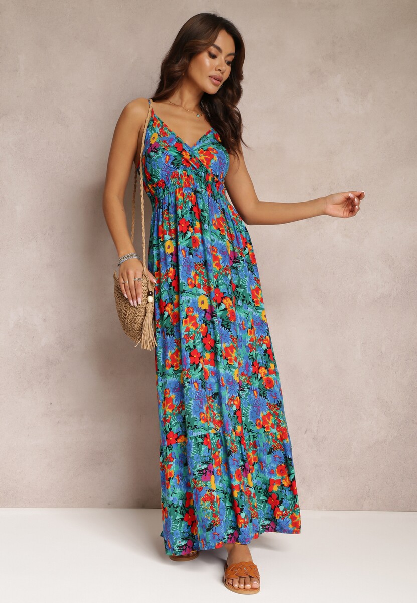 Niebieska Rozkloszowana Sukienka z Wiskozy w Kwiaty Eurena