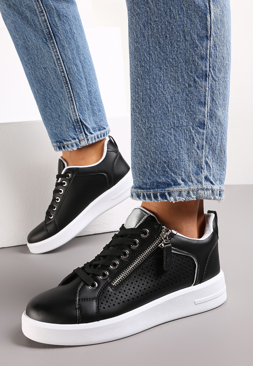 Czarne Sneakersy na Grubej Podeszwie z Cholewką z Perforacją Myranda