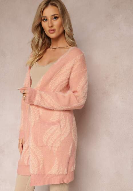 Ciemnoróżowy Luźny Kardigan Niezapinany z Dłuższym Włosiem Karsta