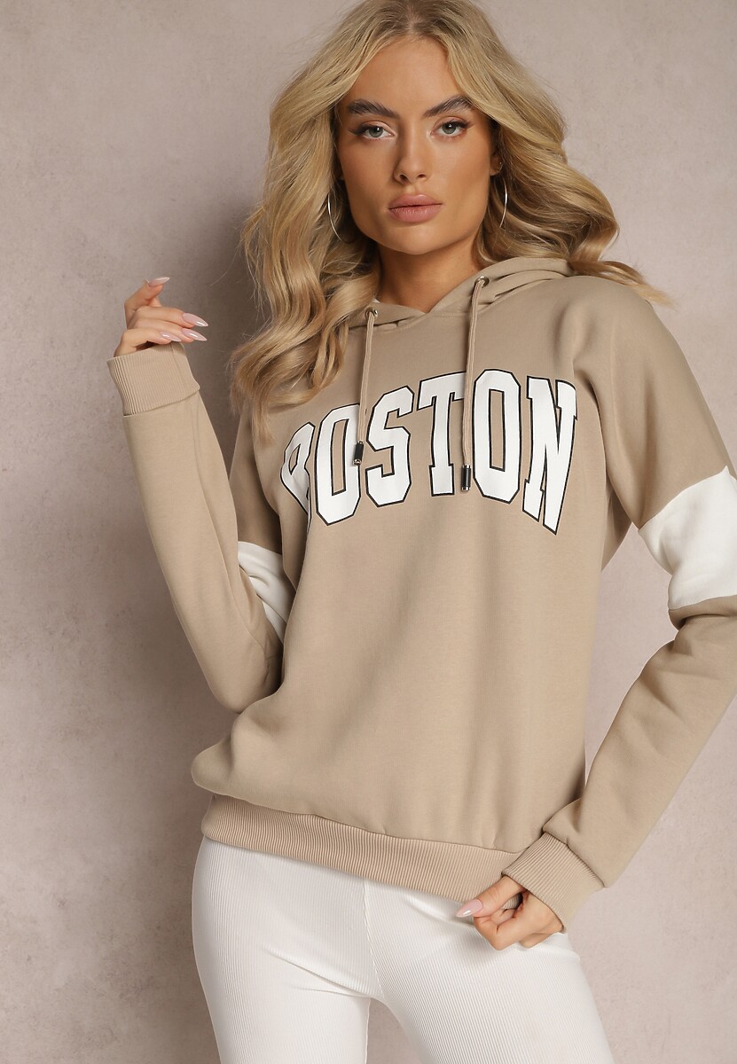 Brązowa Bawełniana Bluza z Kapturem w Amerykańskim Stylu z Napisem i Polarem Iocaste