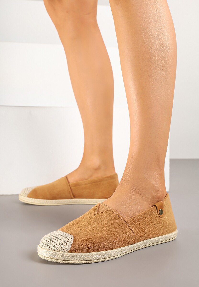 Brązowe Espadryle z Elastyczną Wstawką Zdobione Plecionką Kinellis