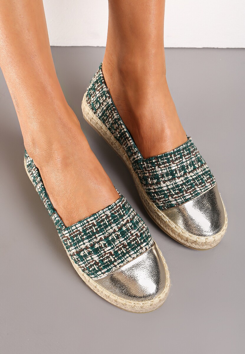 Zielone Espadryle z Tweedowego Materiału z Plecionką na Podeszwie Hexiria