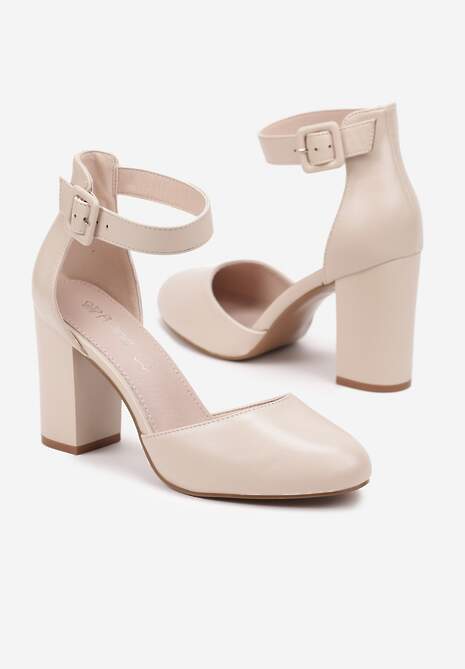 Jasnobeżowe Czółenka na Obcasie Typu Słupek ze Skórzaną Wkładką i Paseczkiem Wokół Kostki Belandria