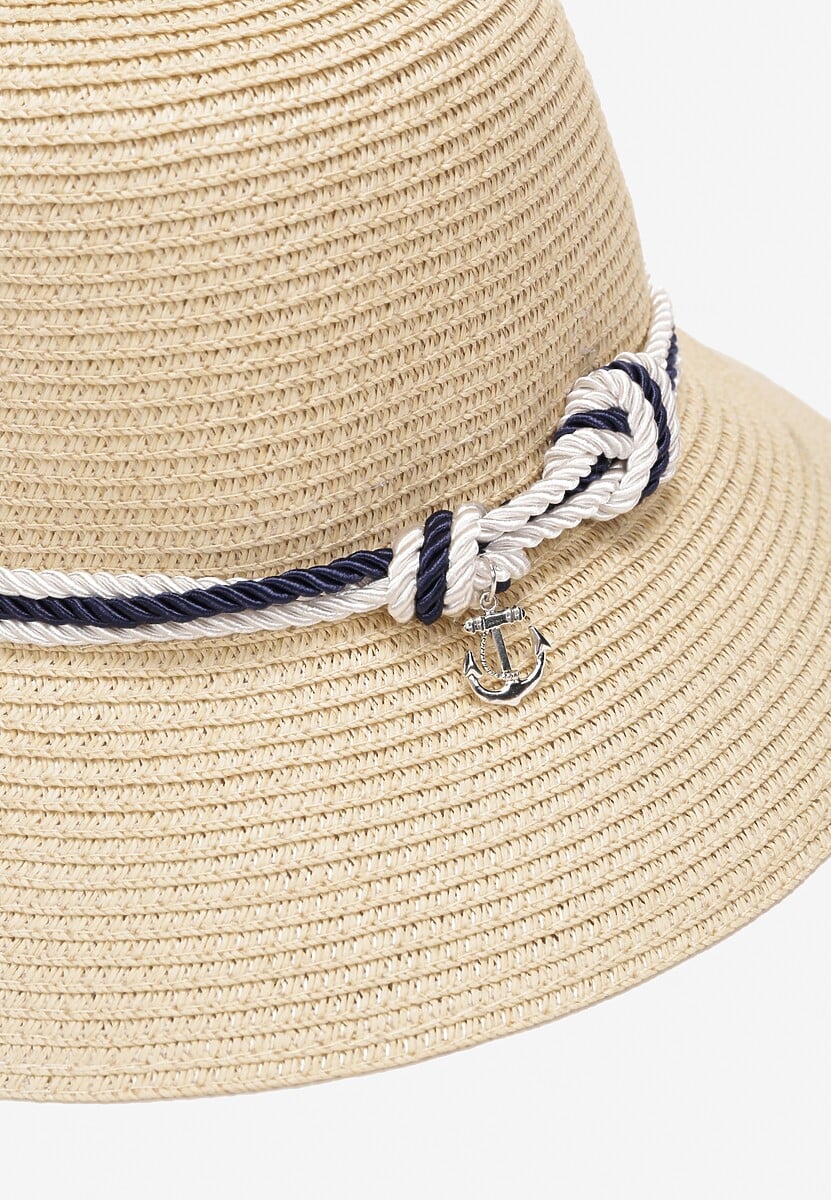 Jasnobeżowy Pleciony Kapelusz z Szerokim Rondem i Kontrastową Taśmą Paccea