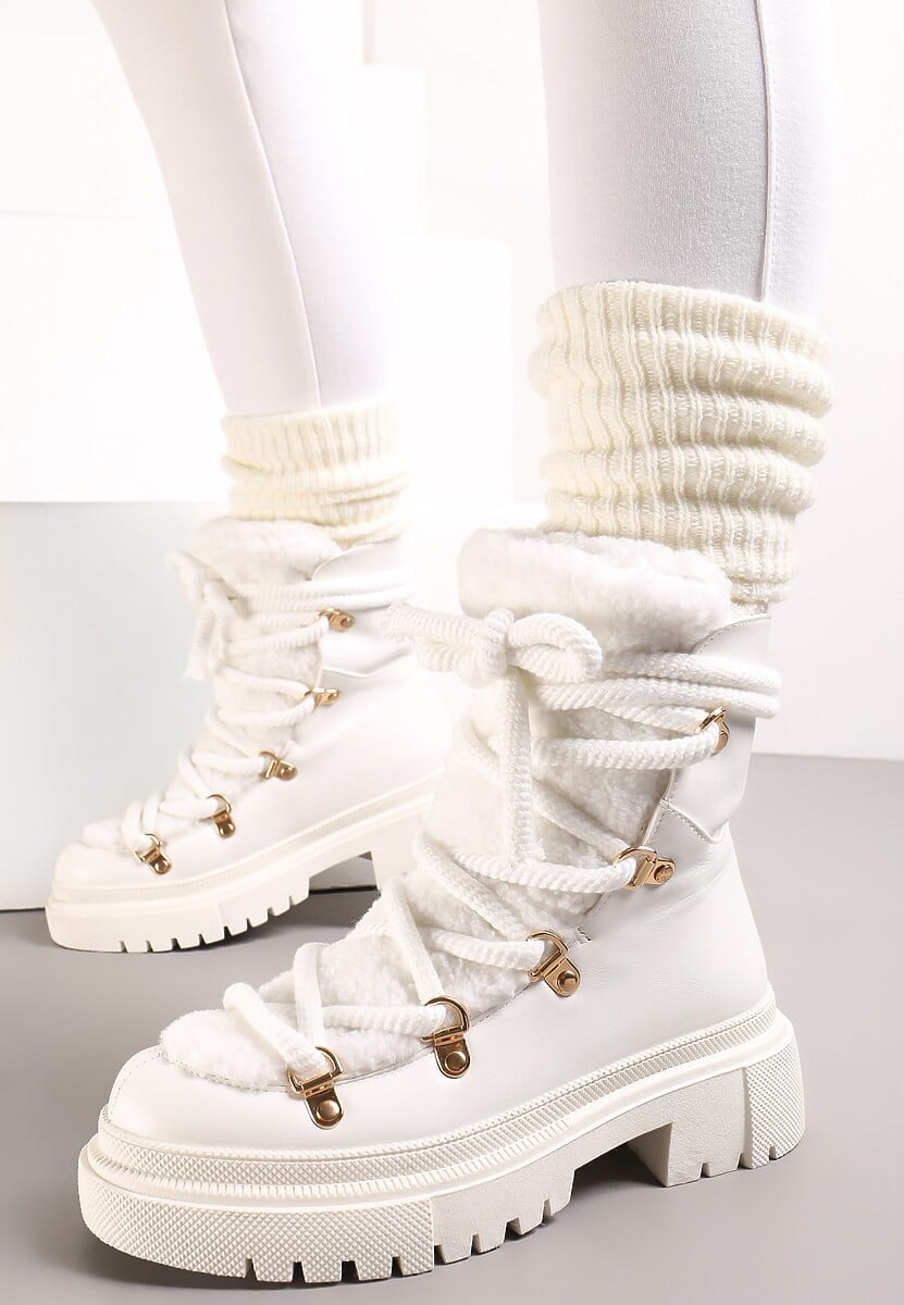 Białe Traperki Wiązane na Sznurek Ozdobione Kożuszkiem Sidonnie