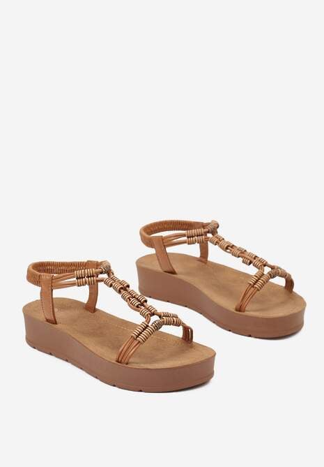 Brązowe Sandały Boho z Ozdobnymi Koralikami i Platformą Kaullas