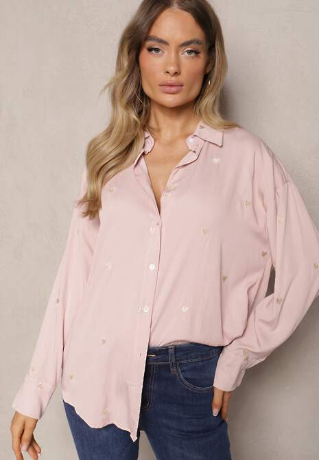 Różowa Koszula z Bawełny Ozdobiona Naszytymi Serduszkami Arreanna