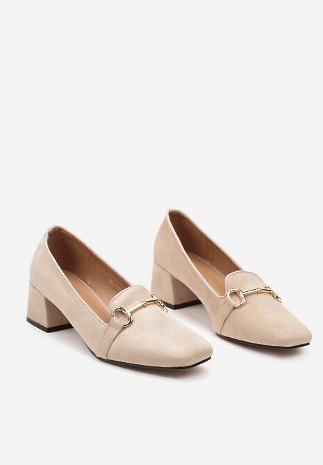 Beżowe Czółenka w Stylu Mokasynów na Słupku z Metalową Klamrą Sunika