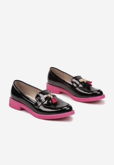 Czarno-Fuksjowe Mokasyny Lakierowane Ozdobione Frędzlami ze Skórzaną Wkładką Ridanitha