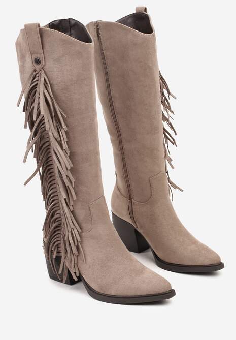 Beżowe Kozaki Kowbojki na Stożku Zdobione Frędzlami Nucca