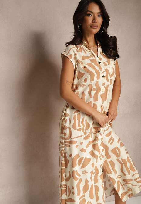 Beżowa Sukienka Koszulowa z Kieszeniami w Geometryczny Print Arathia