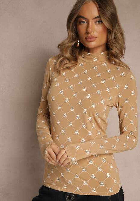 Beżowa Bluzka Longsleeve Półgolf z Bawełny Ozdobiona Geometrycznym Nadrukiem Zantila