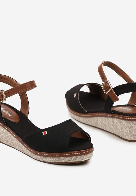 Czarne Casualowe Sandały Espadryle na Koturnie z Plecionką Zapinane Wokół Kostki Persephia