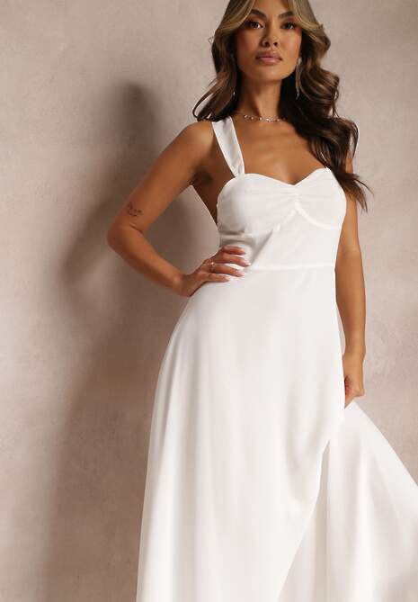 Biała Rozkloszowana Sukienka Koktajlowa Wiązana na Plecach Malori