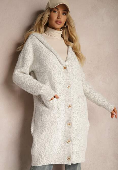 Szary Rozpinany Kardigan z Dodatkiem Wiskozy i Kapturem Ozdobiony Kieszeniami Olianne