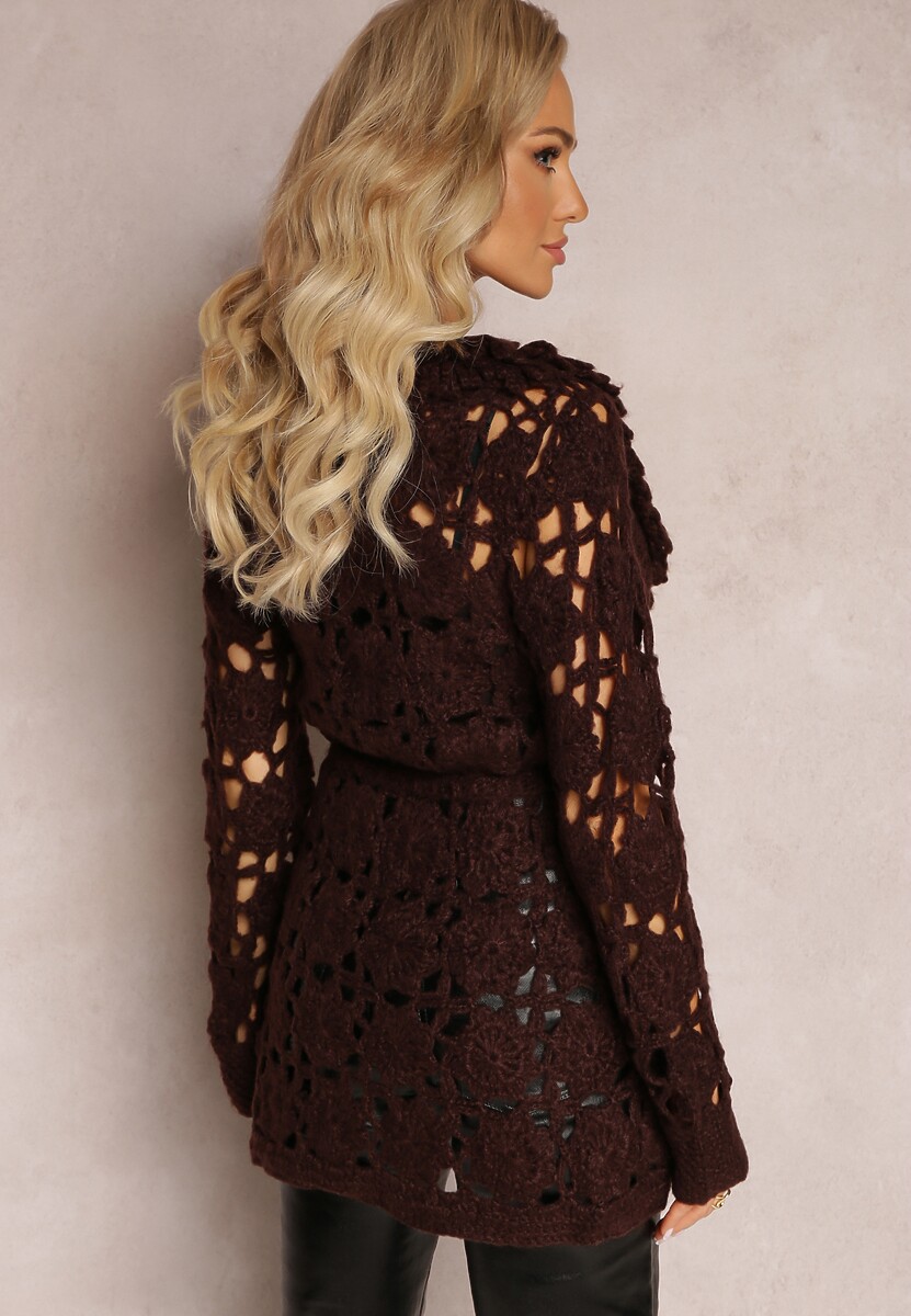 Ciemnobrązowy Ażurowy Kardigan z Wiązanym Paskiem Petrame
