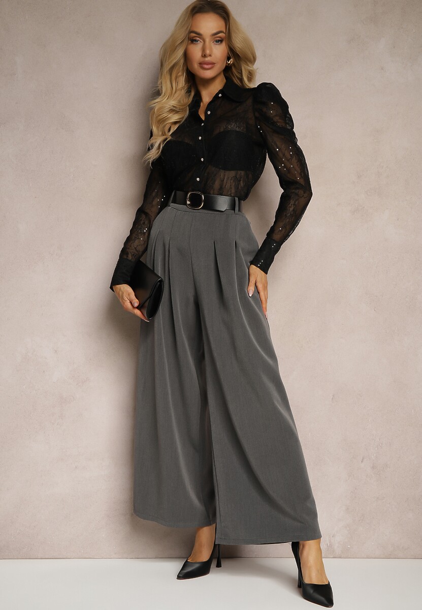 Różowe Eleganckie Szerokie Spodnie Garniturowe z Wiskozą Ozdobione Paskiem Ravinae