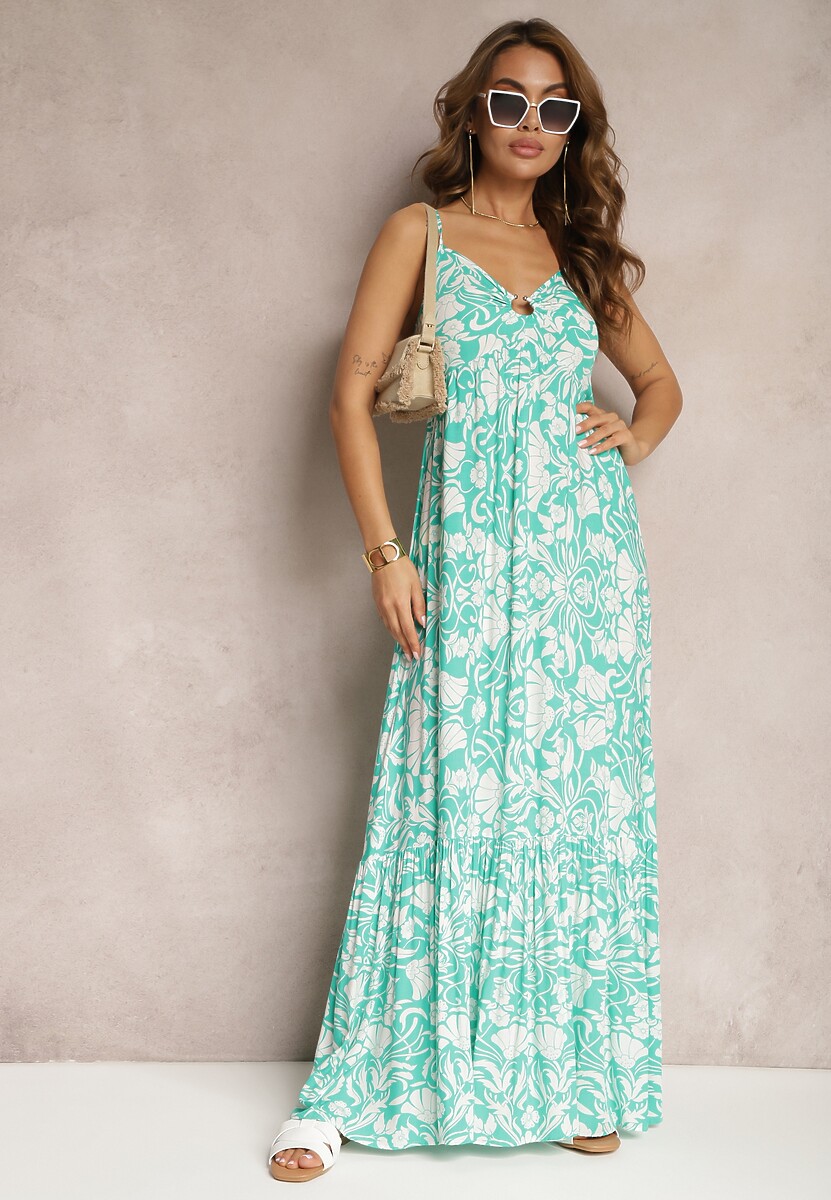 Zielona Bawełniana Sukienka Maxi na Ramiączkach z Kwiatowym Wzorem i Falbanką Mawidiona