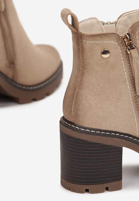 Beżowe Botki na Słupku Boho z Suwakiem Kodra