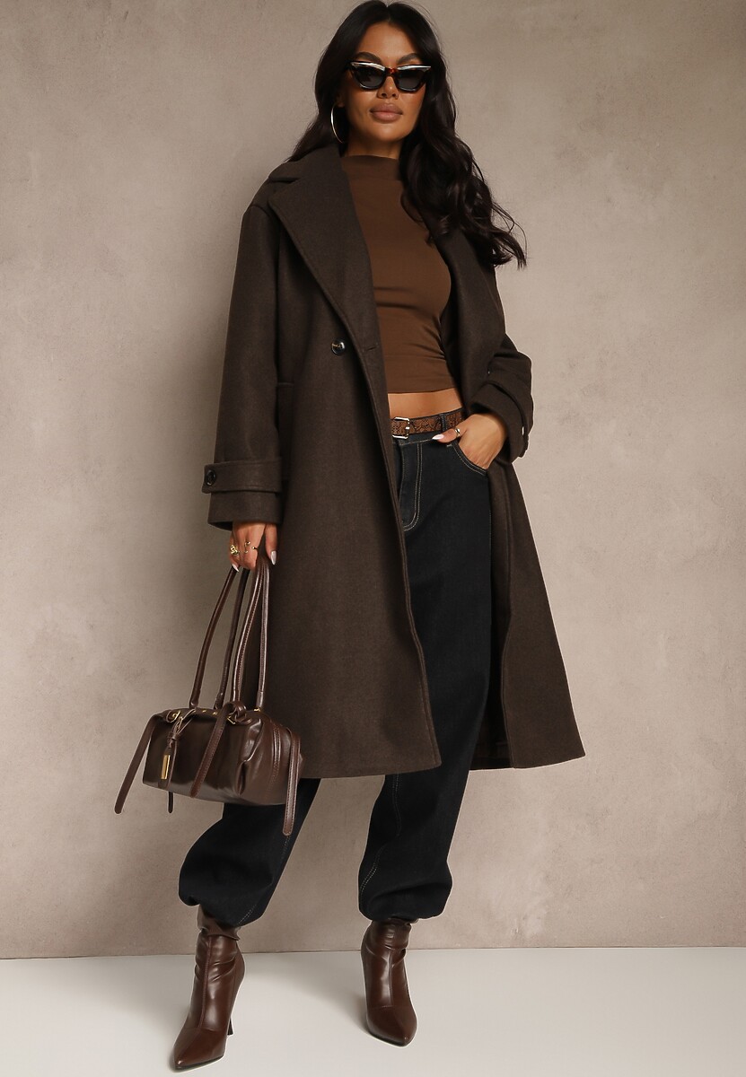 Brązowy Elegancki Płaszcz z Wełny i Wiskozy o Dwurzędowym Kroju Oversize Tilisana