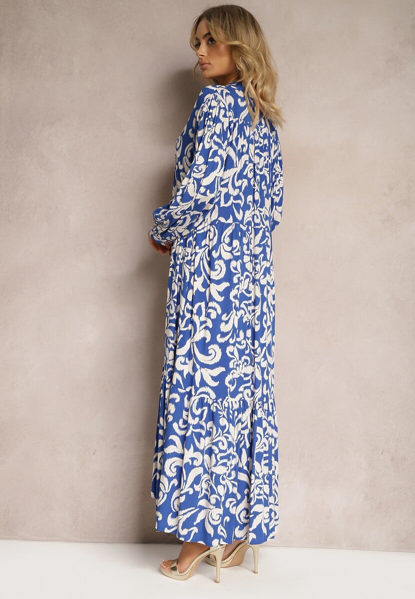 Niebieska Rozkloszowana Sukienka Maxi z Wiskozy o Koszulowym Kroju w Ornamentalny Print Leonorra