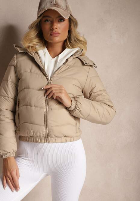 Ciemnobeżowa Kurtka z Odpinanym Kapturem Ozdobiona Pikowaniem Jolvesa