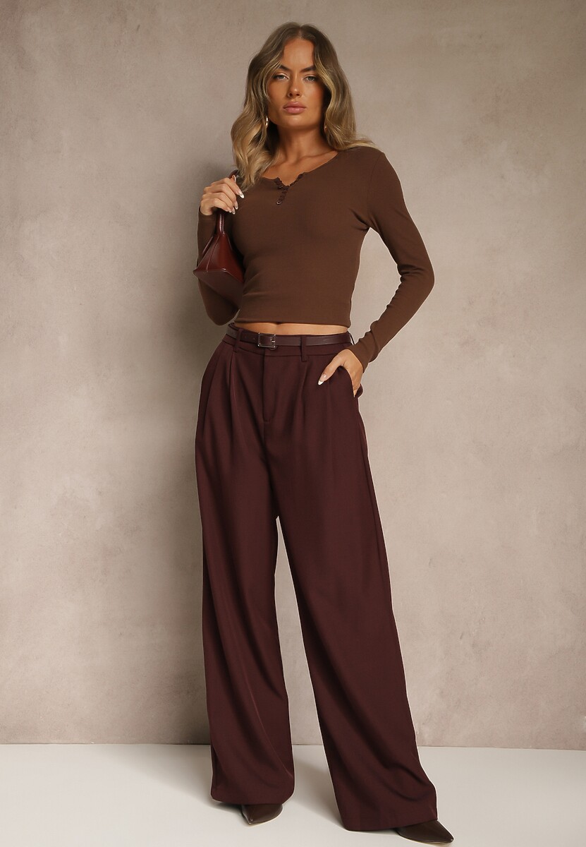 Brązowa Bawełniana Bluzka Longsleeve z Prążkowanej Tkaniny z Guziczkami Amandria