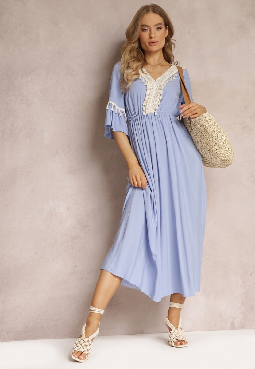 Niebieska Sukienka Maxi z Gumką w Talii z Ozdobnymi Chwostami z Wiskozy Zisel