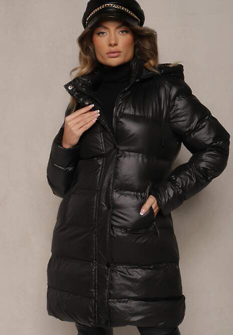 Czarna Długa Kurtka z Kapturem Kieszeniami i Dwustronnym Suwakiem Zdobiona Pikowaniem Sanaviel