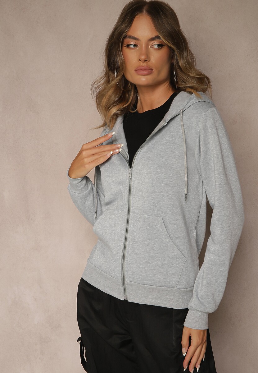 Szara Bluza Rozpinana z Bawełną i Kapturem Ozdobiona Sznurkami Ivila