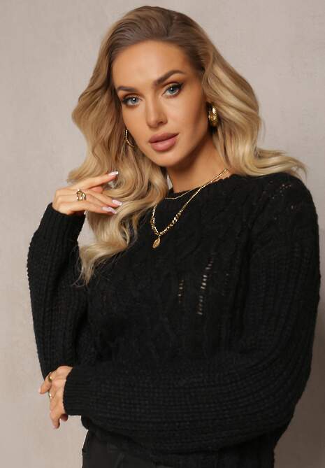Czarny Sweter z Warkoczowym Splotem i Kaszmirem Justinne