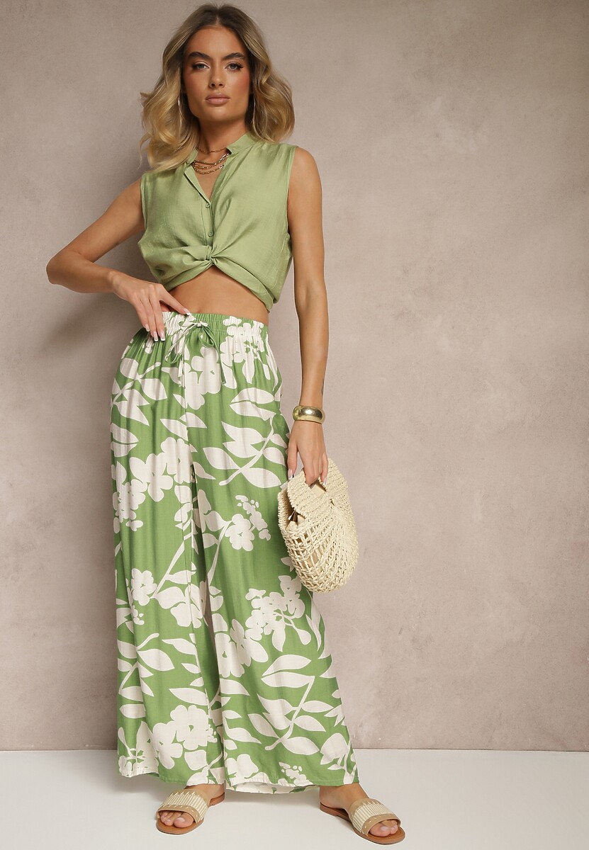 Ciemnozielone Szerokie Spodnie z Wiskozy High Waist w Kwiatowy Wzór Elaneora