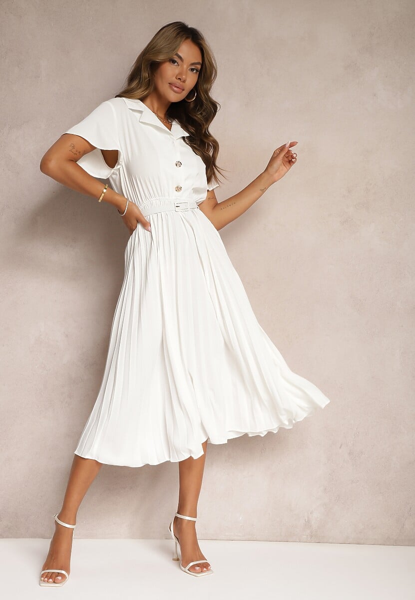 Biała Plisowana Rozkloszowana Sukienka z Paskiem Guzikami i Gumką w Talii Nelaika