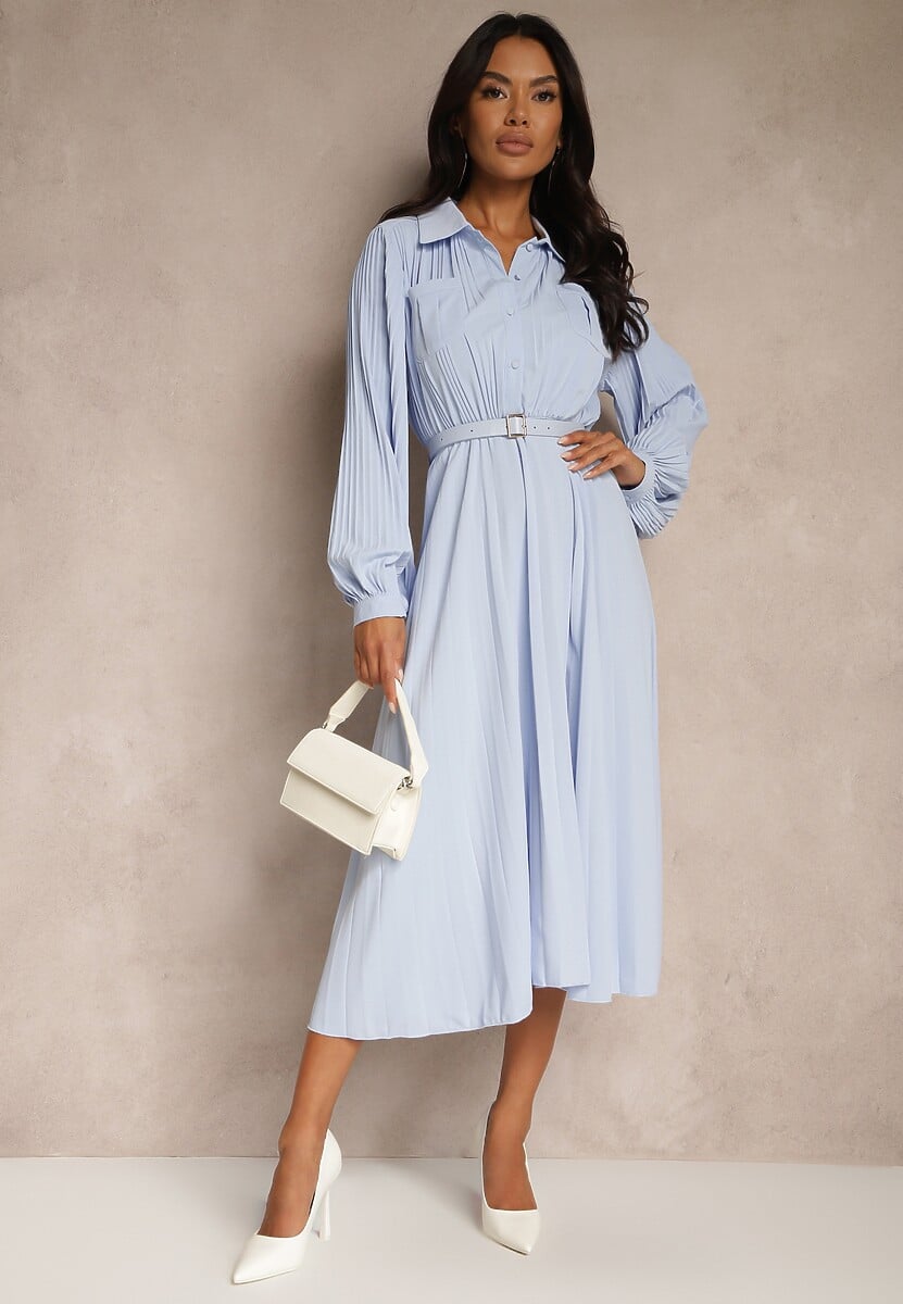 Niebieska Rozkloszowana Sukienka Midi z Guzikami i Paskiem Ozdobiona Plisowaniem Lathori