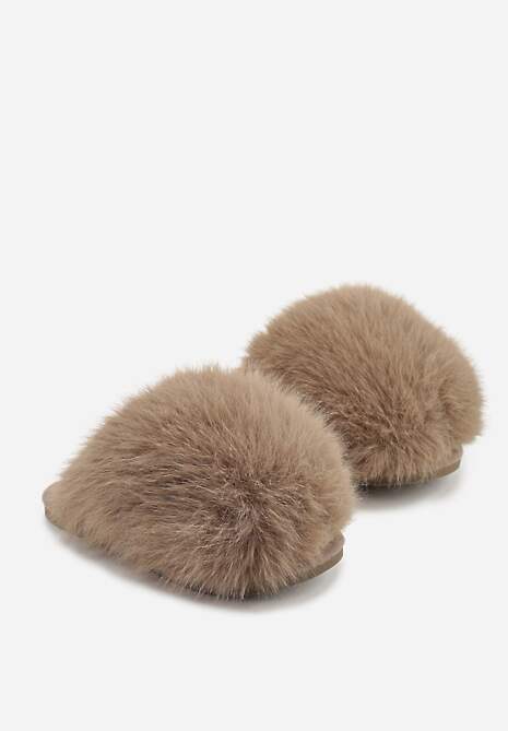 Brązowe Miękkie Kapcie Ozdobione Długim Włosiem Cendria