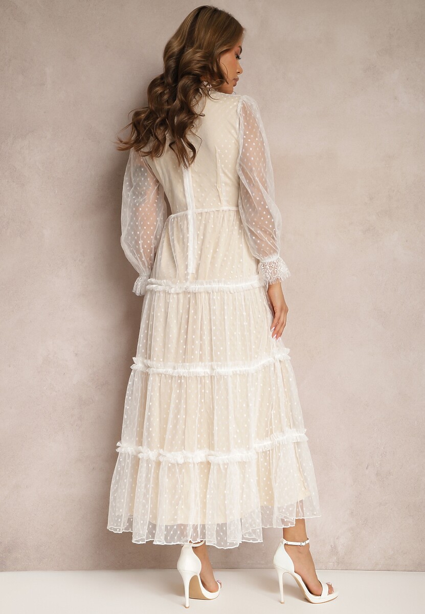 Biała Tiulowa Sukienka Maxi ze Wstawkami z Koronki i Ozdobnymi Guzikami Aovena