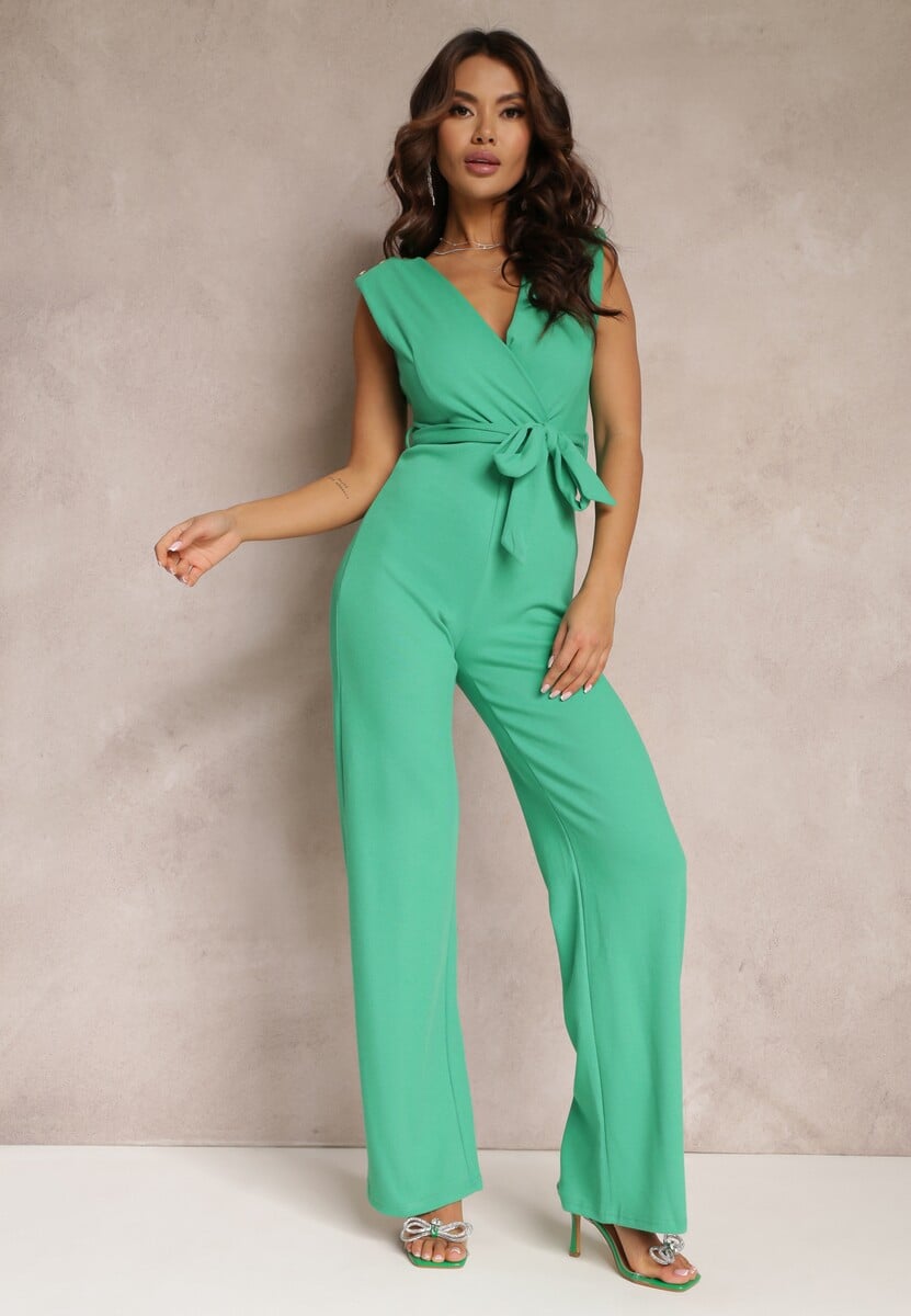 Beżowy Długi Kombinezon Wiązany w Pasie z Guzikami Na Ramionach Amile