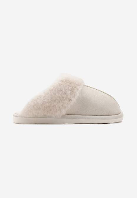 Beżowe Wsuwane Kapcie Ozdobione Futerkiem i Przeszyciami Almane