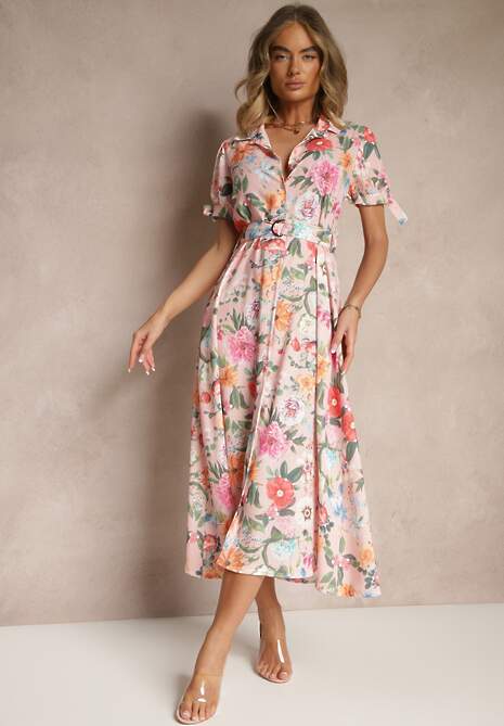 Różowa Koszulowa Sukienka w Kwiaty o Rozkloszowanym Fasonie z Paskiem Fevalirra