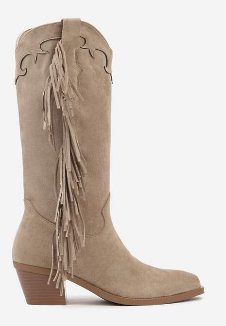 Ciemnobeżowe Kozaki Kowbojki na Stożku Ozdobione Frędzlami Reianeva