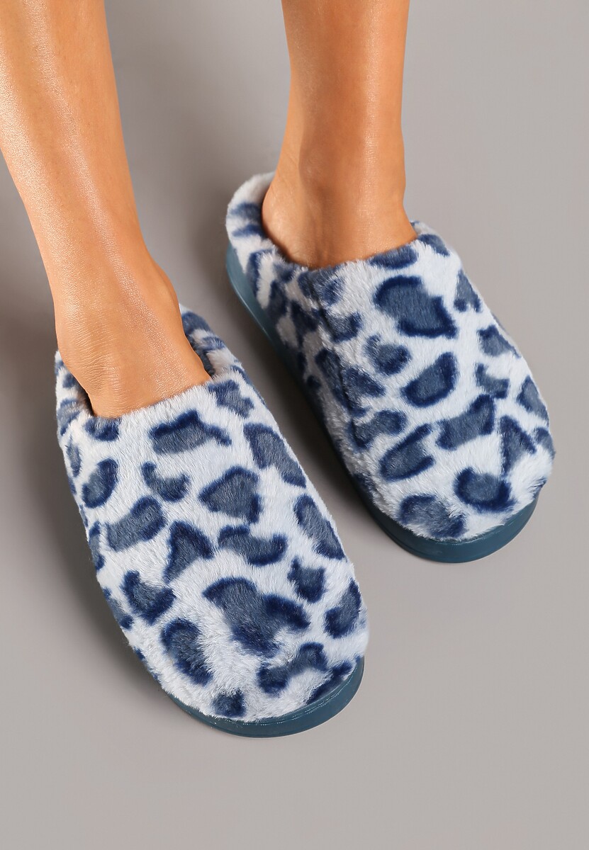 Granatowe Futrzane Płaskie Kapcie z Panterkowym Wzorem Remilaine