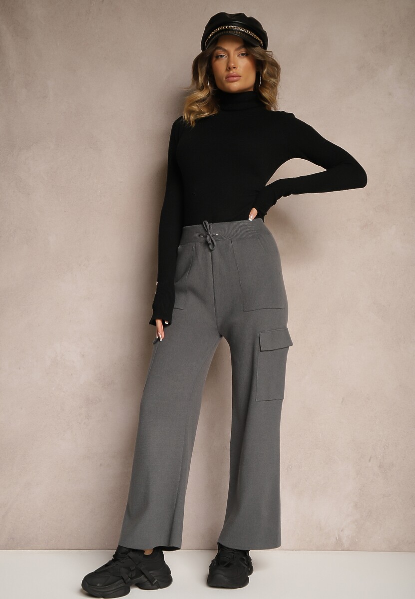 Ciemnoszare Szerokie Spodnie Dzianinowe z Gumką w Pasie i Kieszeniami Emithlera