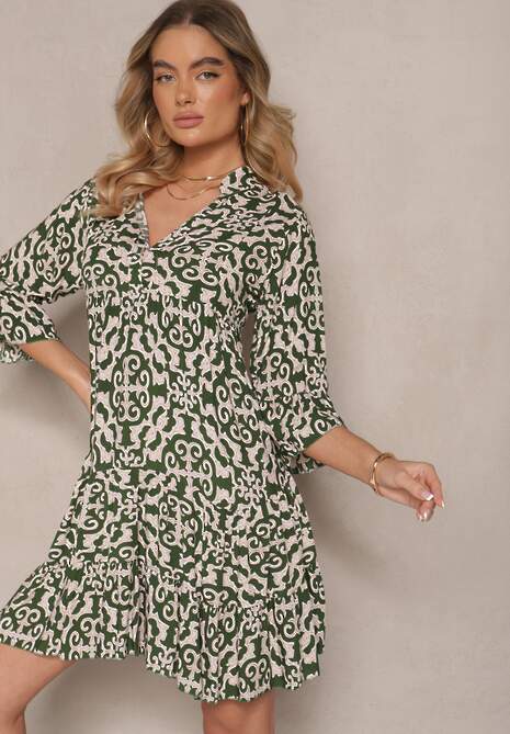 Zielona Sukienka Bawełniana o Rozkloszowanym Kroju w Etniczny Print Zalivine