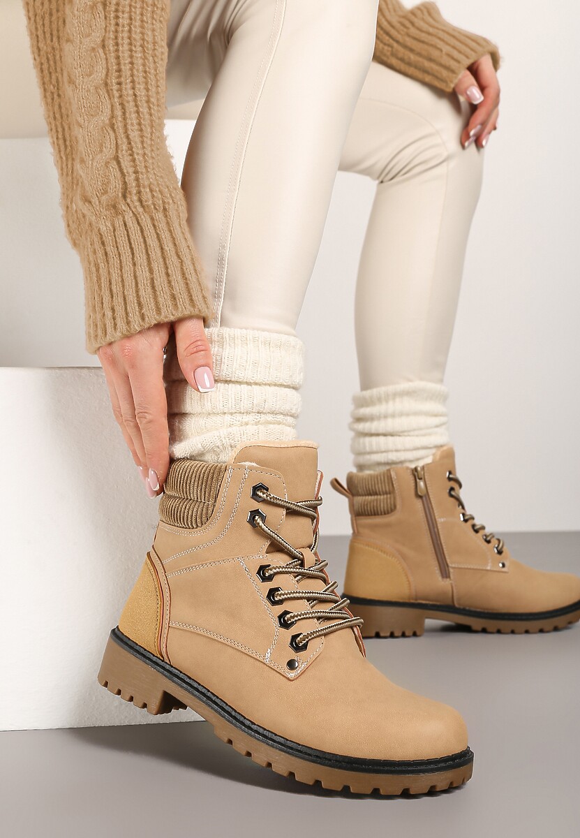 Ciemnobeżowe Sznurowane Casualowe Traperki na Płaskiej Podeszwie Relobia