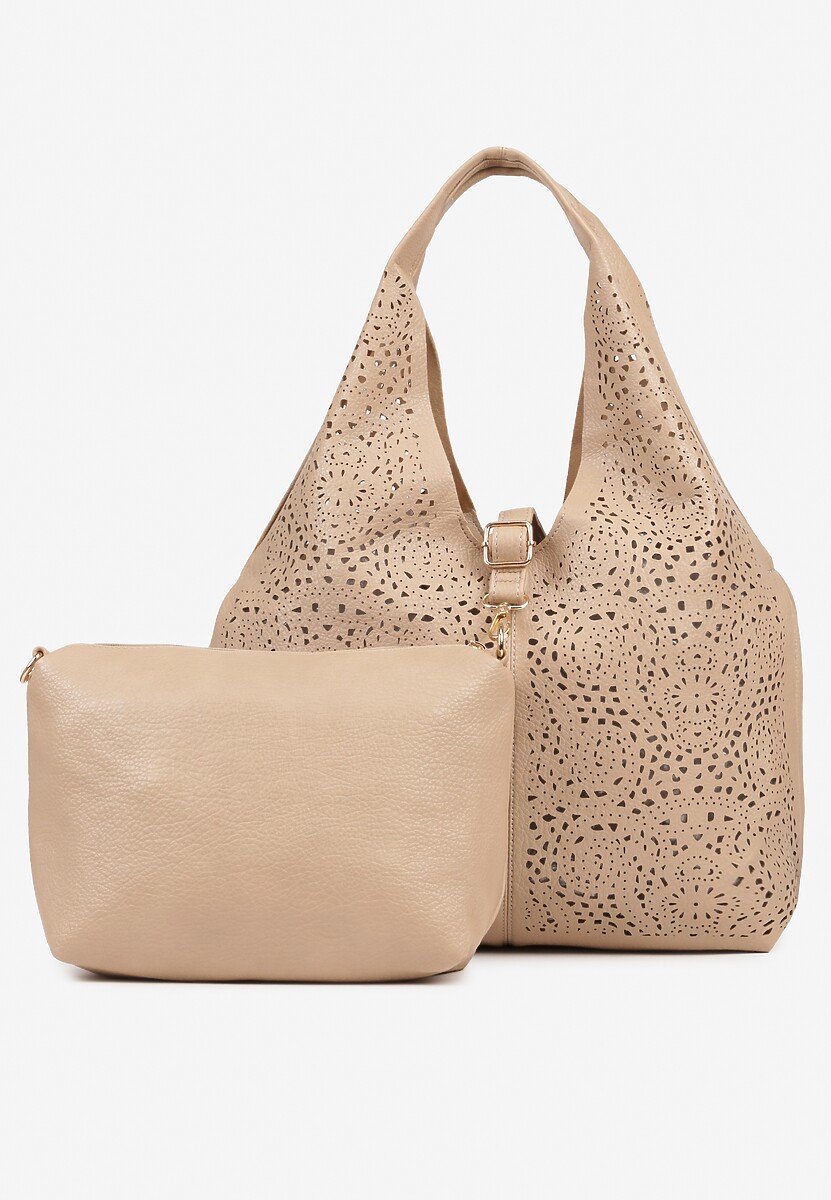 Beżowa Torebka Hobo Zdobiona Ażurową Perforacją z Dodatkową Saszetką Frolana