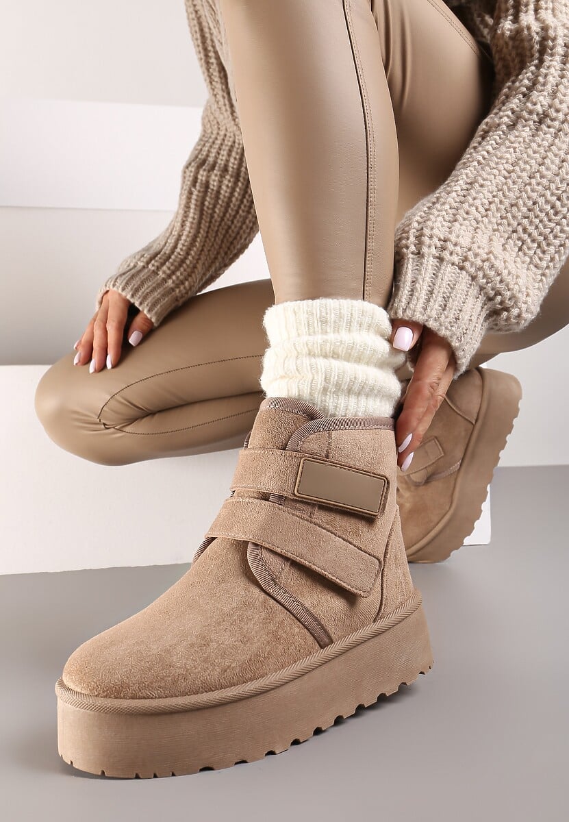 Ciemnobeżowe Śniegowce na Platformie z Zapięciem na Rzep Tarimelle