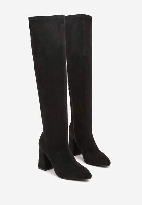 Czarne Dopasowane Kozaki Vices z Imitacji Zamszu na Słupkowym Obcasie Avvie