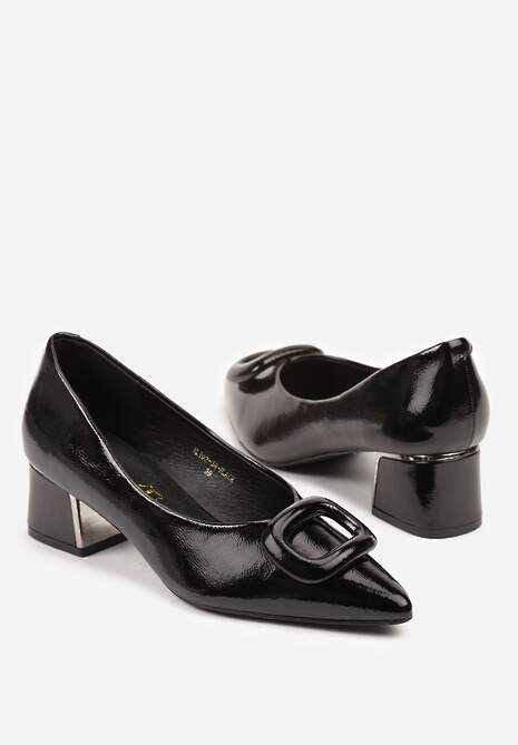 Czarne Czółenka Vices na Słupku z Wkładką ze Skóry Naturalnej i Klamrą Apanelle